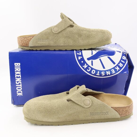 Birkenstock Shoes - NIDB Birkenstock Suede Leather Boston Clogs in Faded Khaki EU Size 38